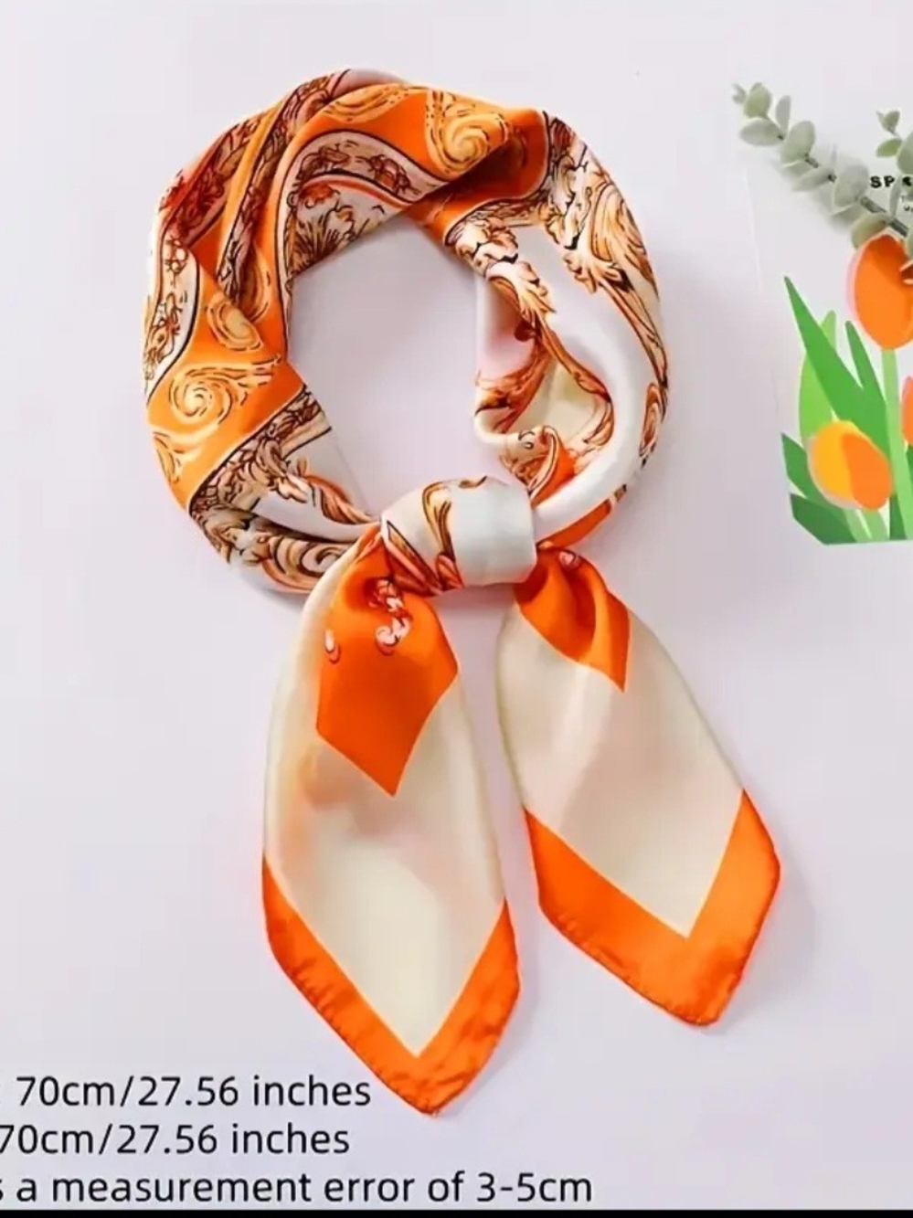 Silk-Feel Orange & Cream Printed Head Scarf - Picture 4 of 4